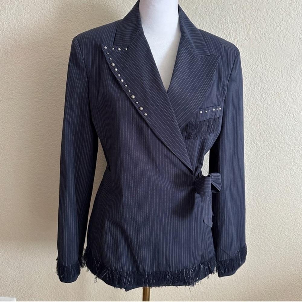 Aglini Dark Navy Pinstripe Blazer with Studded Accents Sz L